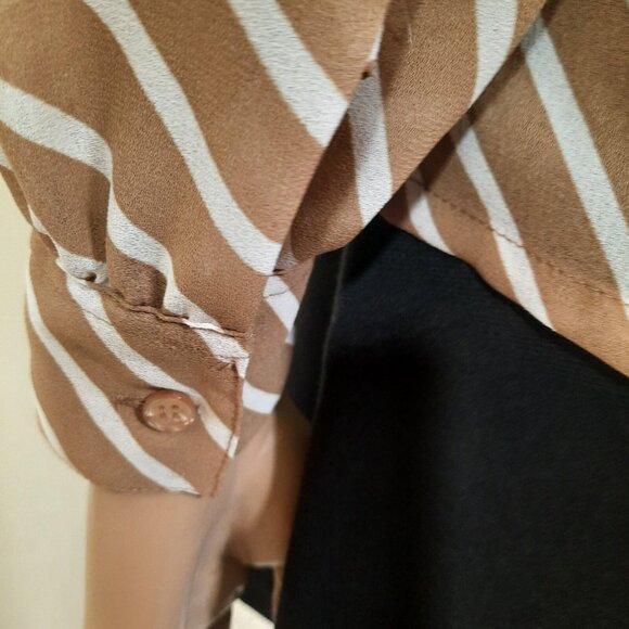 Vintage 80s Bow Tie Blouse Secretary Sheer Button Up Beige White Striped S - Picture 8 of 10